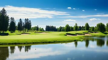 fira de strålnings skönhet av en väl underhållen golf kurs under en drömmande himmel ai generativ foto