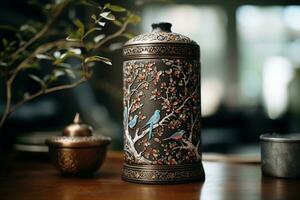 utsökt keramisk te caddie på timmer. perfekt för arv och hantverk estetik. foto