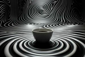 svart kaffe i en vit kopp på en svartvit framkallning psychedelic bakgrund. ai genererad. foto