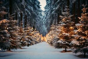 en snöig tall skog på skymning, jul lampor lysande i de distans, fredlig och tyst, magi och undra. ai genererad. foto