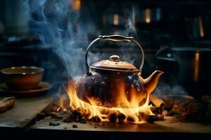 låg vinkel skott av en te vattenkokare över ett öppen flamma, fångande de väsen av traditionell te bryggning och de värme av de brand. foto