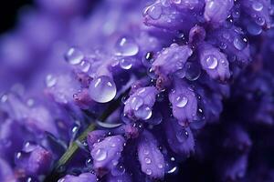 violett lavendel- blomma kronblad med vatten droppar på dem är de begrepp av skönhet, lugn och spa. ai genererad. foto