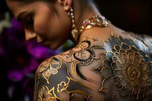 mandalas och affirmationer vackert dragen i ljus färger på de kropp av en skön kvinna. ai genererad. foto