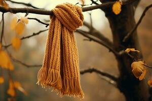 en gyllene handstickad scarf tillverkad av australier ull, hängande på en träd gren. symbol av hoppas och medkänsla, påminnelse av de vänlighet och generositet av främlingar. ai genererad. foto