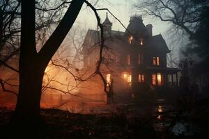 läskigt victorian herrgård i trän på natt, mörk fönster, skuggor, symbol av besatt mysterium. ai genererad. foto