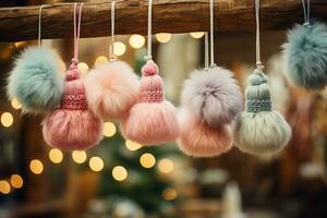 fluffig jul dekorationer - ull- pom poms hängande från en gren. mjukt suddig tall träd bakgrund. ai genererad. foto