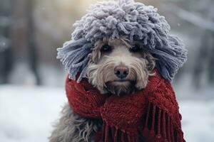 en rolig labradoodle hund med tjock, lockigt hår är Sammanträde i de snö och bär en hatt och scarf. ai genererad. foto