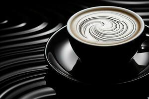närbild av de topp av en cappuccino kopp och fat stående på en glansig tabell, med en mönster av virvlande flytande. svart lack, abstrakt konst, hög kontrast svart och vit bild. ai genererad. foto