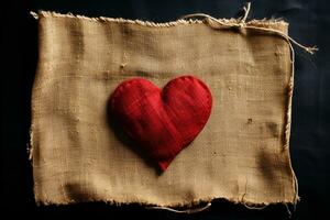 en hjärta form broderad med röd tråd på säckväv, stygn är mycket små och även. belyst dramatiskt till betona kärlek och medkänsla. ai genererad. foto