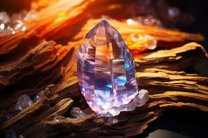 en lysande hexagonal formad kvarts kristall på en lugg av stenar, upplyst förbi solljus. ai genererad. foto