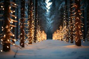 en snöig tall skog på skymning, jul lampor lysande i de distans, fredlig och tyst, magi och undra. ai genererad. foto