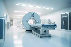 modern mri - magnetisk resonans avbildning - scanner maskin i sjukhus rum. labb med mri skanna maskin. sjukvård och medicinsk begrepp. generativ ai. foto