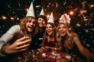 grupp av Lycklig ung människor fira på ny år fest. tonåring vänskap har roligt med konfetti och champagne på de natt fest tillsammans. generativ ai. foto