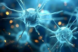 mikroskopisk av nervcell hjärna cell nätverk. sammankopplade nerv celler med elektrisk pulser. lysande synaps. sjukvård begrepp. generativ ai. foto