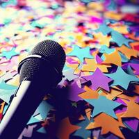 paty bakgrund av färgrik stjärna formad konfetti med mikrofon. ai generativ foto
