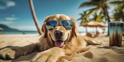 gyllene retriever hund är på sommar semester på havet tillflykt och avkopplande resten på sommar strand av hawaii. ai generativ foto