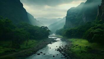 panorama- se av en berg flod strömmande genom de dal ai genererad foto