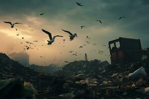 seagulls flygande i de himmel över en sopor dumpa ai genererad foto