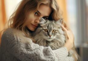 porträtt av ung kvinna kramas söt cat.pet concept.ai genererad foto