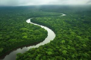 antenn se av de amazonas djungel landskap med flod böja. generativ ai foto