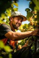 en vingård arbetstagare beskärning en vin med sax isolerat på en lutning bakgrund foto