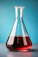 en laboratorium flaska som innehåller röd vin för testning isolerat på en lutning bakgrund foto