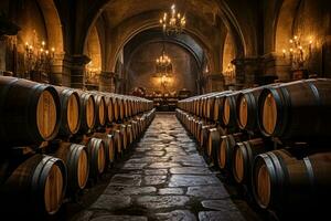 ek fat hus åldring vin i Häftigt vagt belyst källare av en traditionell vintillverkare foto