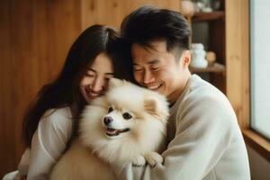 porträtt av man och kvinna kramas söt pommelenium hund. sällskapsdjur begrepp foto