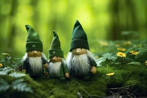 leksak irländsk nisser i en mysterium skog, abstrakt grön naturlig bakgrund. generativ ai foto
