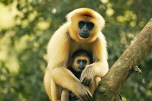 stänga bild av kindat gibbon apa mor med en barn i de skog. generativ ai foto