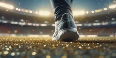 löpare fötter löpning på en stadion, närbild på fötter, sporter bakgrund, Plats för kopiera, ai generativ foto