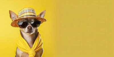 Häftigt ser chihuahua hund bär skraj mode klänning. Plats för text rätt sida. generativ ai foto