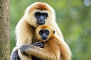 stänga bild av kindat gibbon apa mor med en barn i de skog. generativ ai foto