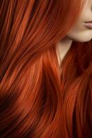 närbild element av porträtt av ung kvinna med ljus röd hår Färg och frisyr. baner eller affisch. social media innehåll för skönhet salonger. hår färga Färg i de katalog. foto