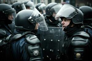 polis i full redskap på de gata. polis i hjälmar, hjälmar och skottsäker västar bekämpa protester och kravaller foto