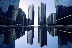 reflekterande skyskrapor, företag kontor byggnader. ai genererad foto