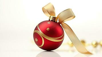 röd jul boll med guld band rosett lysande på en vit duk. generativ ai foto