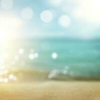 tropisk sommar sand strand och bokeh Sol ljus på hav bakgrund. ai generativ foto