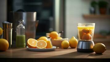 juicepress med färsk citrus- frukt och glas av juice på tabell i kök. ai generativ foto