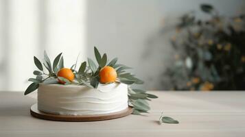minimalistisk enda tier bröllop kaka med vit glasyr och skivad orange och eukalyptus dekoration. stänga upp, bakgrund, topp se, generativ ai foto