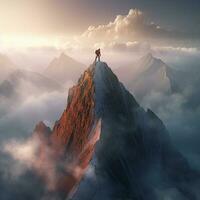 en person erövrande en berg topp symboliserar övervinnande ai genererad bild foto