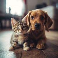 en söt skön katt och söt hund ai genererad bild foto