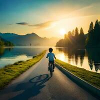en pojke plundrar cykel Förutom en sjö och Sol i de himmel ai genererad. använda sig av webb och några typ av design projekt. foto