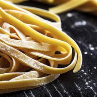 stänga upp av en rå torr italiensk pasta fettuccine på svart trä- tabell. ai generativ foto