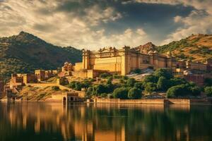 de bärnsten fort i jaipur, rajasthan, Indien, bärnsten fort och maota sjö, jaipur, rajasthan, Indien, ai genererad foto