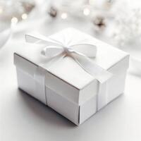 vit gåva låda med band på jul tema vit bakgrund. ai generativ foto
