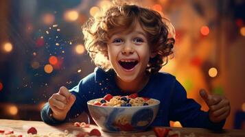 en barn skrattande bredvid en skål av flingor foto
