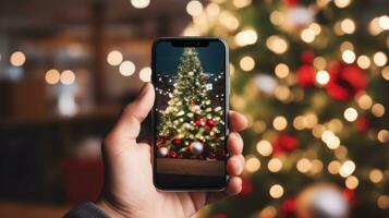 en hand innehav en telefon med en jul träd bakgrund foto