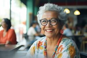 leende senior kvinna i en restaurang foto