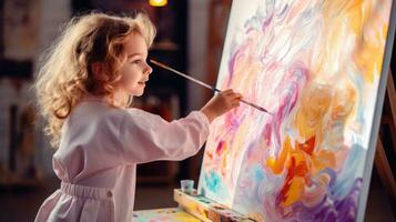 en liten flicka målning ett abstrakt målning på ett staffli foto
